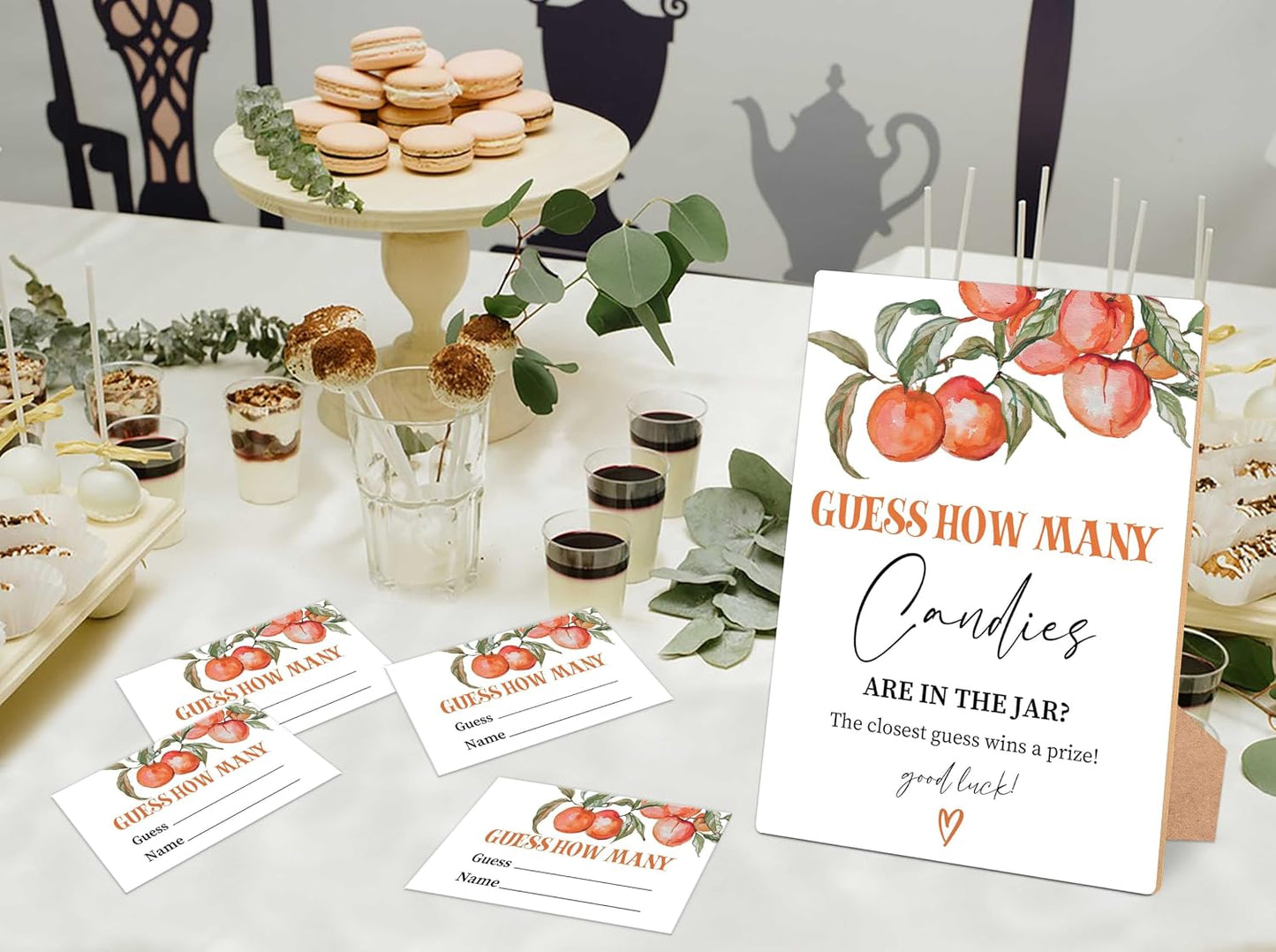 Peach Guess How Many Candies Are In The Jar Game, Pack of 1 Wooden Tabletop Sign with Stand and 50 Guessing Cards, Sweet Peach Baby Shower Game, Gender Reveal Party Decorations - WV15