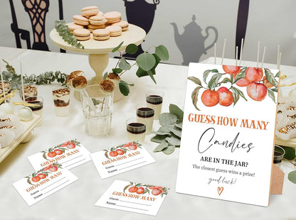 Peach Guess How Many Candies Are In The Jar Game, Pack of 1 Wooden Tabletop Sign with Stand and 50 Guessing Cards, Sweet Peach Baby Shower Game, Gender Reveal Party Decorations - WV15