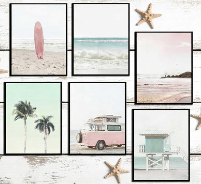 CHEZKVSIOXA 6 Pcs Pastel Pink Beach Wall Art - Coastal Poster Wall Decor, Surfboard Van Palm Tree Lifeguard Tower Beach Scene Prints for Living Room Bedroom Bathroom Unframed 10x8