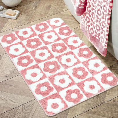 Pink Bathroom Rugs Checkered Rug Super Soft Cute Bath Mat for Bathroom Flower Decor Non Slip Bathmat Absorbent Microfiber Floral Mat 20X32 Inches