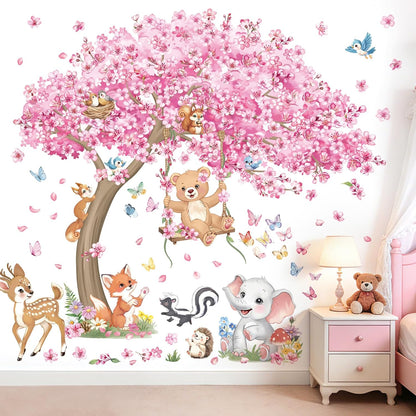 decalmile Large Cherry Blossom Tree Wall Stickers Woodland Animals Bear Deer Pink Flower Wall Decals Baby Nursery Kids Bedroom Living Room Home Decor