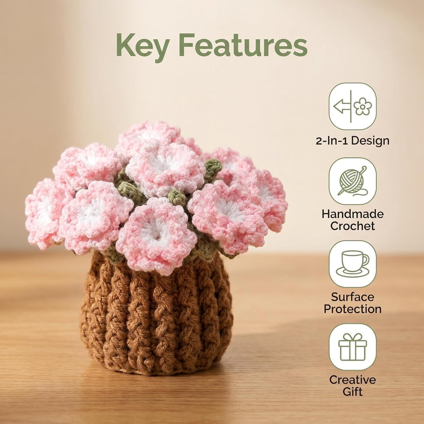 Flower Crochet Coasters Set, Handmade Bouquet Coaster with Crochet Plant Pot, Cute Drink Coasters for Desk Coffee Table, Foldable Decorative Coasters for Home Office Decor Gift (Pink)