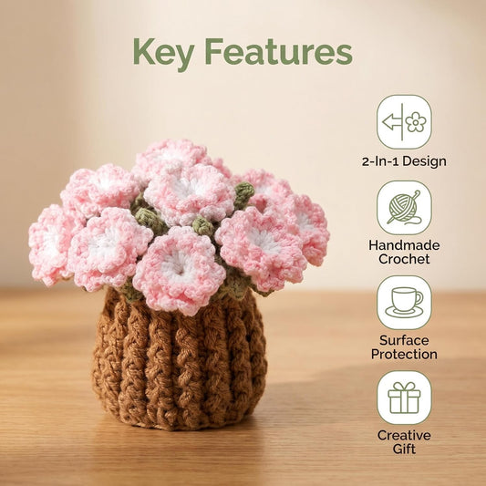 Flower Crochet Coasters Set, Handmade Bouquet Coaster with Crochet Plant Pot, Cute Drink Coasters for Desk Coffee Table, Foldable Decorative Coasters for Home Office Decor Gift (Pink)