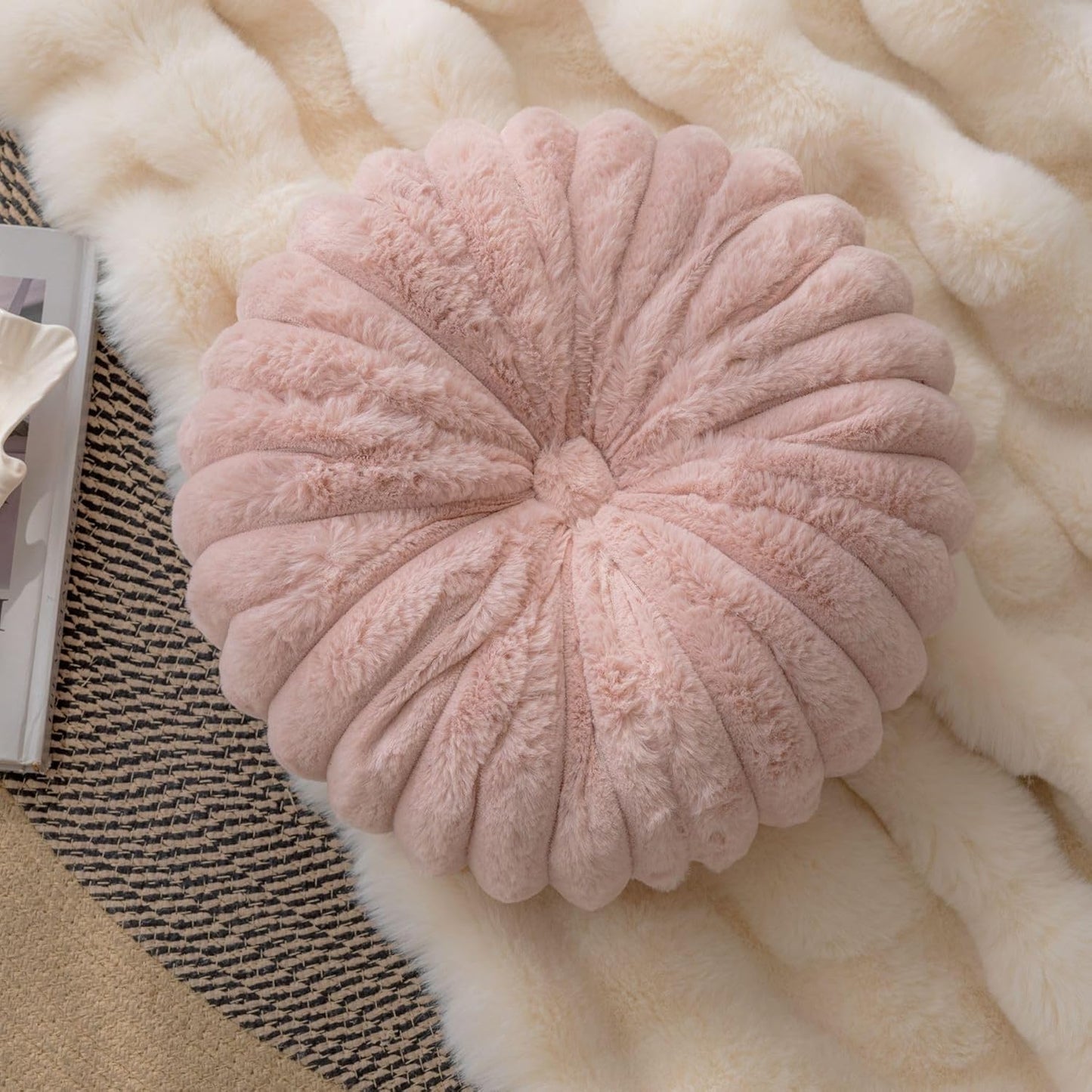vctops Round Throw Pillow Soft Faux Fur Decorative Pillow Small Pumpkin Throw Pillow Cushion for Living Room Sofa Bed (Pink,13.7" Diameter)