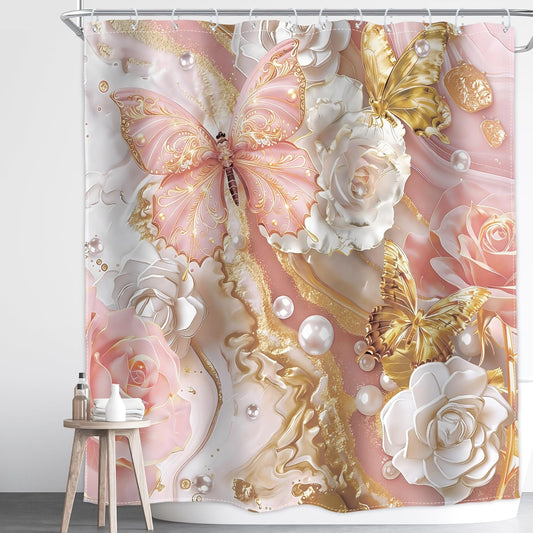 Pink and Gold Marble Shower Curtain Abstract Fluid 3D Butterfly Rose Pearl Luxury Ink Aesthetic 72Wx72H Inch Modern Pretty Floral Elegant Waterproof Polyester Fabric Bathroom Bathtub