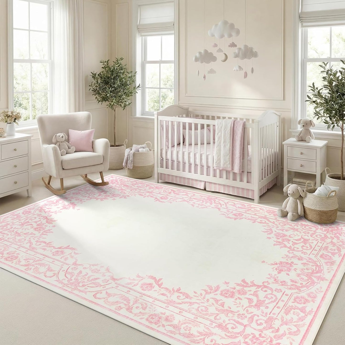Garvee Rugs for Girls Bedroom Washable 5x7 Area Rug for Nursery Room, Non Slip Soft Low-Pile French Retro Floral Accent Throw Carpet for College Dorm Decor Kids Room Playroom, Pink