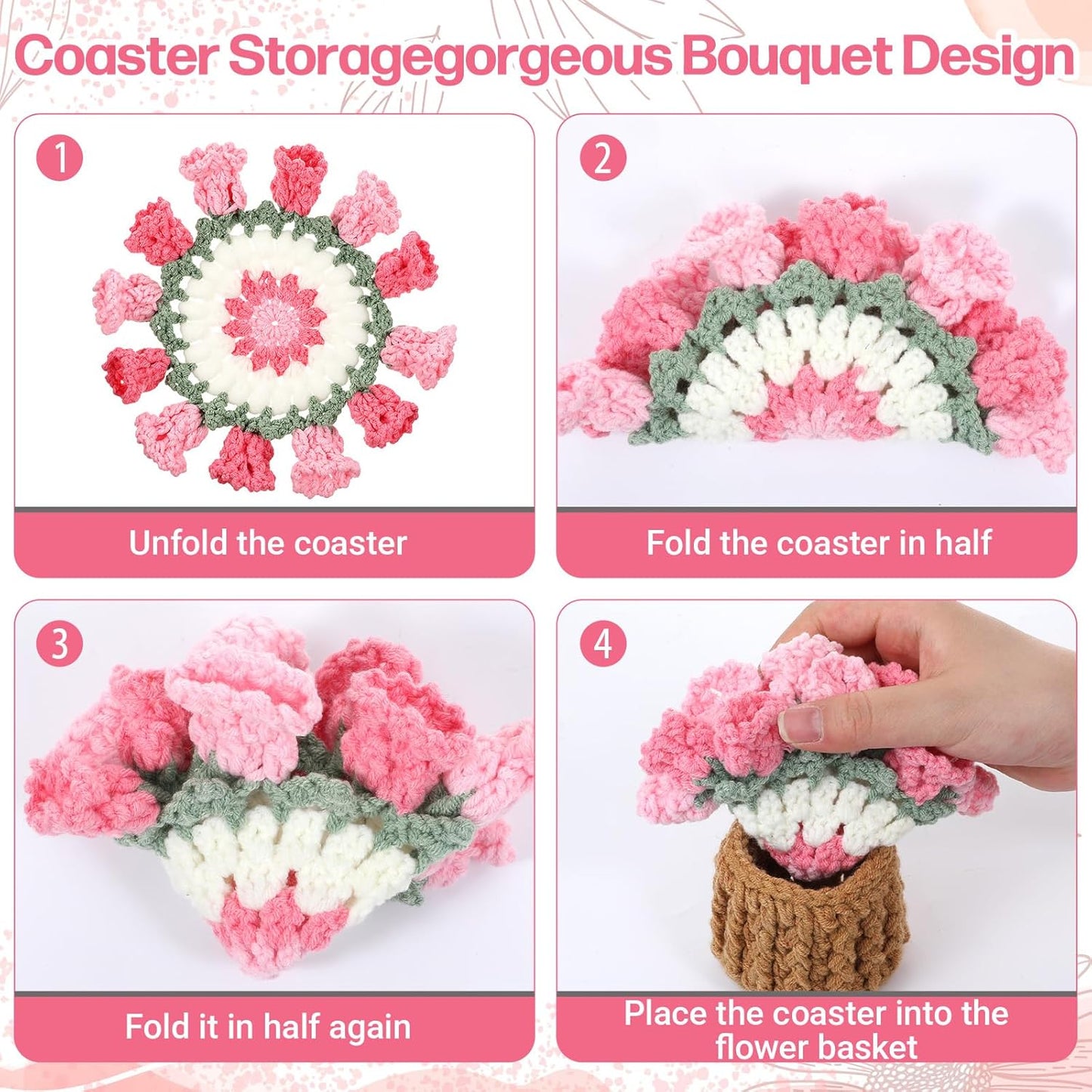 Flower Crochet Coasters Set with Mini Basket, Knitting Pink Rose Potted Plants, Handmade Bouquet Blanket Coaster, Fun Soft Floral Table Decorative for Coffee Table Wedding Gift Housewarming Birthday