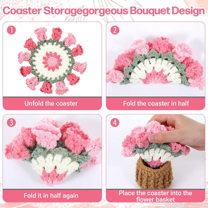 Flower Crochet Coasters Set with Mini Basket, Knitting Pink Rose Potted Plants, Handmade Bouquet Blanket Coaster, Fun Soft Floral Table Decorative for Coffee Table Wedding Gift Housewarming Birthday