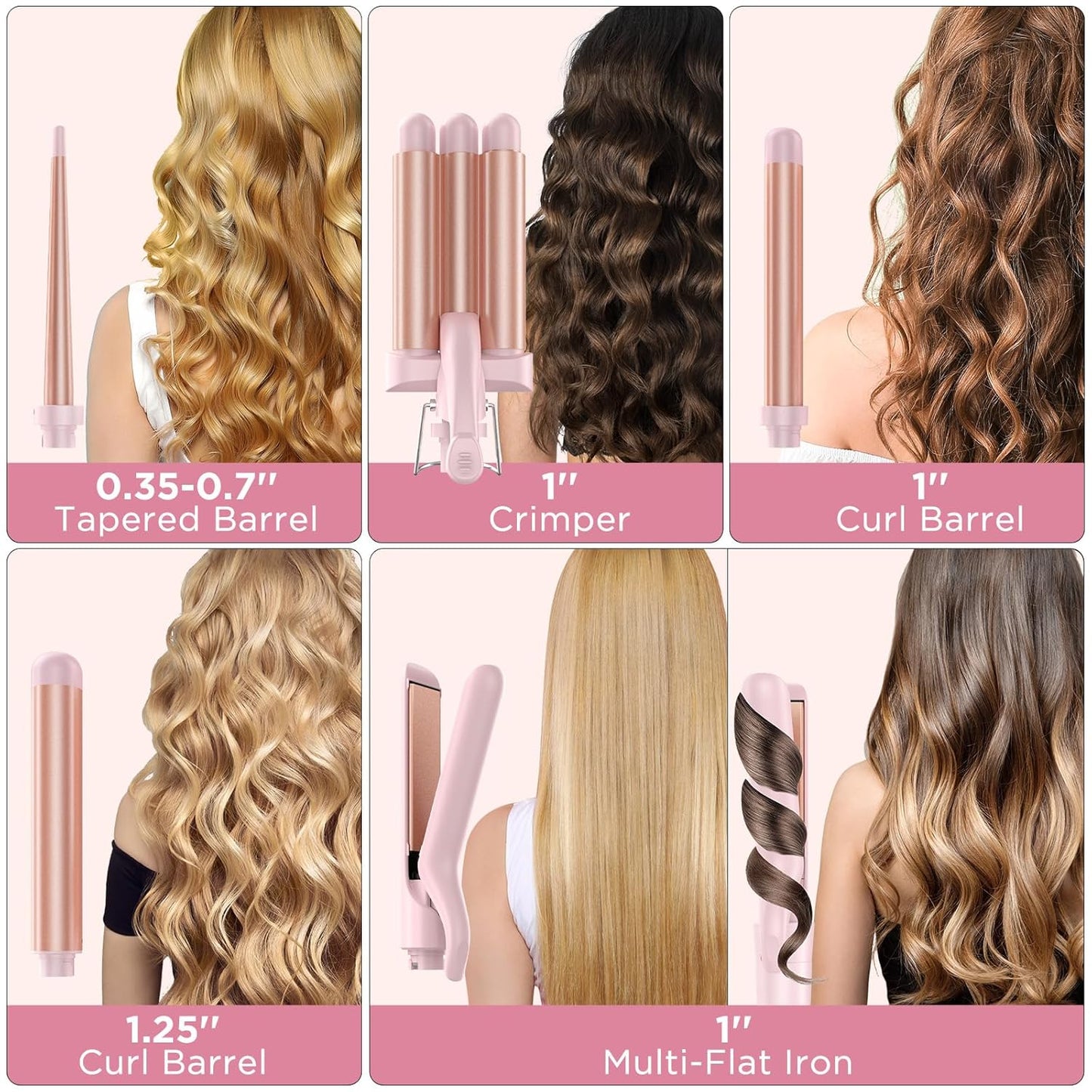 5 in 1 Wand Curling Iron-Curling Wand Set with Hair Straightener, 3 Barrels Hair Crimper Iron, 3 Ceramic Curling Irons (0.35 "-1.25"), 2 Temps Fast Heat Hair Curler Waver with Glove & Clip-Light Pink