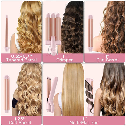 5 in 1 Wand Curling Iron-Curling Wand Set with Hair Straightener, 3 Barrels Hair Crimper Iron, 3 Ceramic Curling Irons (0.35 "-1.25"), 2 Temps Fast Heat Hair Curler Waver with Glove & Clip-Light Pink