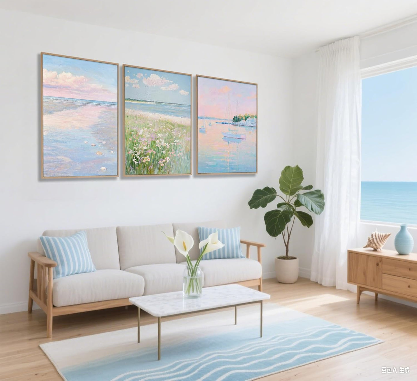 3Pcs Pink Beach Wall Art Pastel Coastal Canvas Wall Decor White sailboat Pictures Preppy Summer Beachy Posters Ocean Wildflowers Painting Print Artwork for Beach House Bedroom Dorm Apartment,Unframed