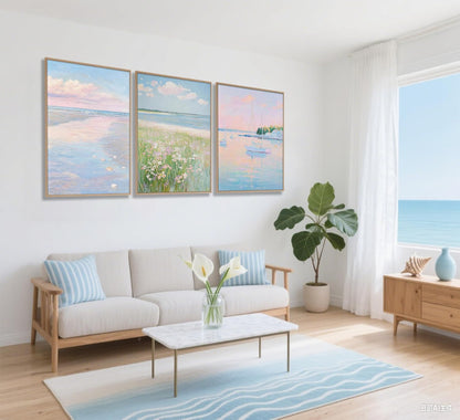 3Pcs Pink Beach Wall Art Pastel Coastal Canvas Wall Decor White sailboat Pictures Preppy Summer Beachy Posters Ocean Wildflowers Painting Print Artwork for Beach House Bedroom Dorm Apartment,Unframed