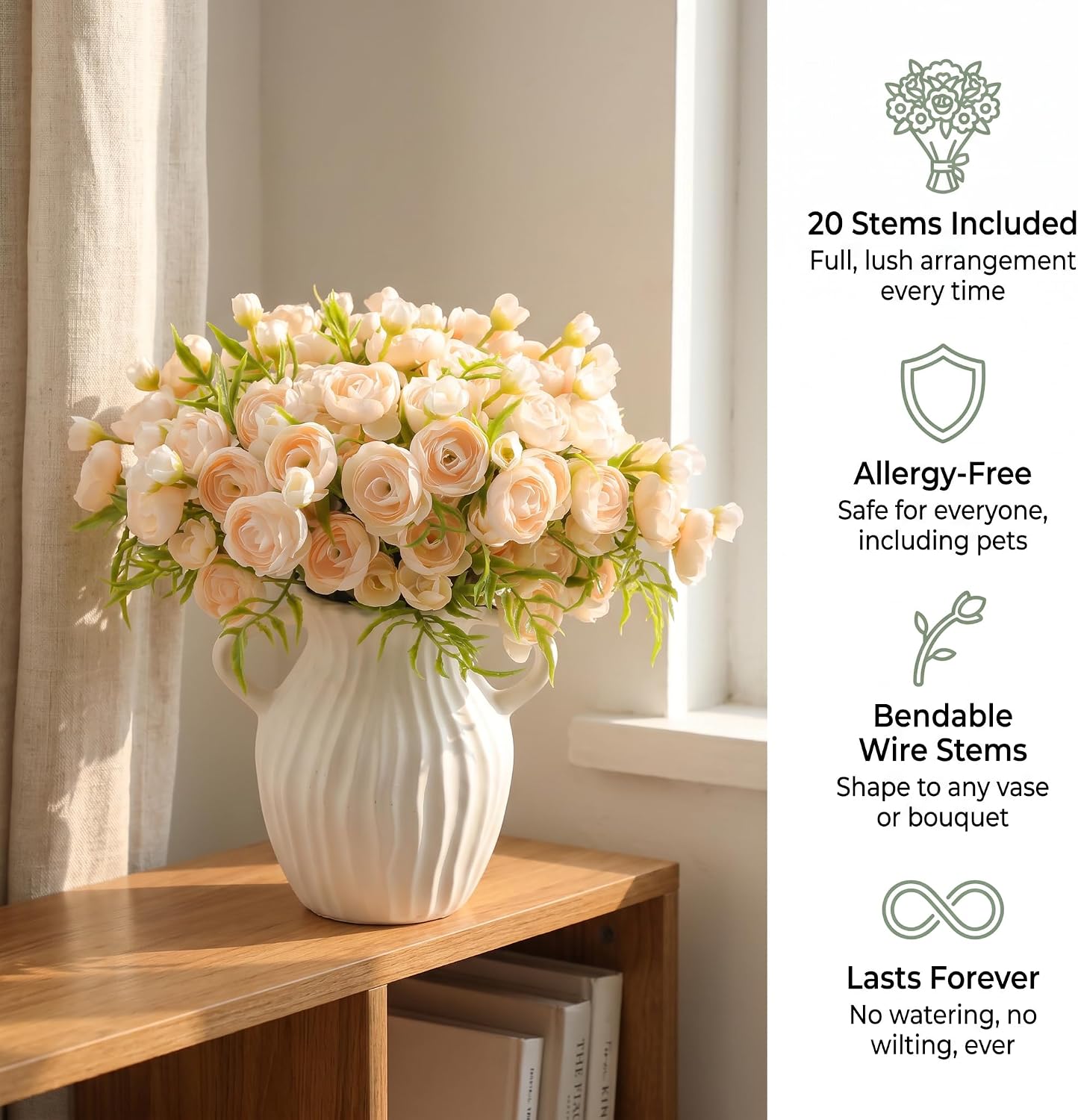 Artificial Ranunculus Flowers Cream Peach Faux Silk 20Pcs Artificial Flowers Bouquet for Home Decor Wedding DIY Gifts