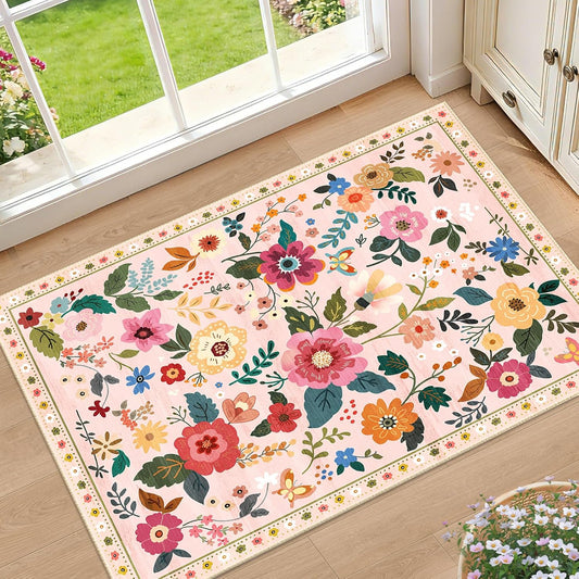 RELEANY Floral Nursery 2x3 Area Rugs Washable Print Boho Cute Carpet Non Slip Flower Low Pile for Living Room Kids Girls Playroom Bedroom Kitchen Office Farmhouse-Pink