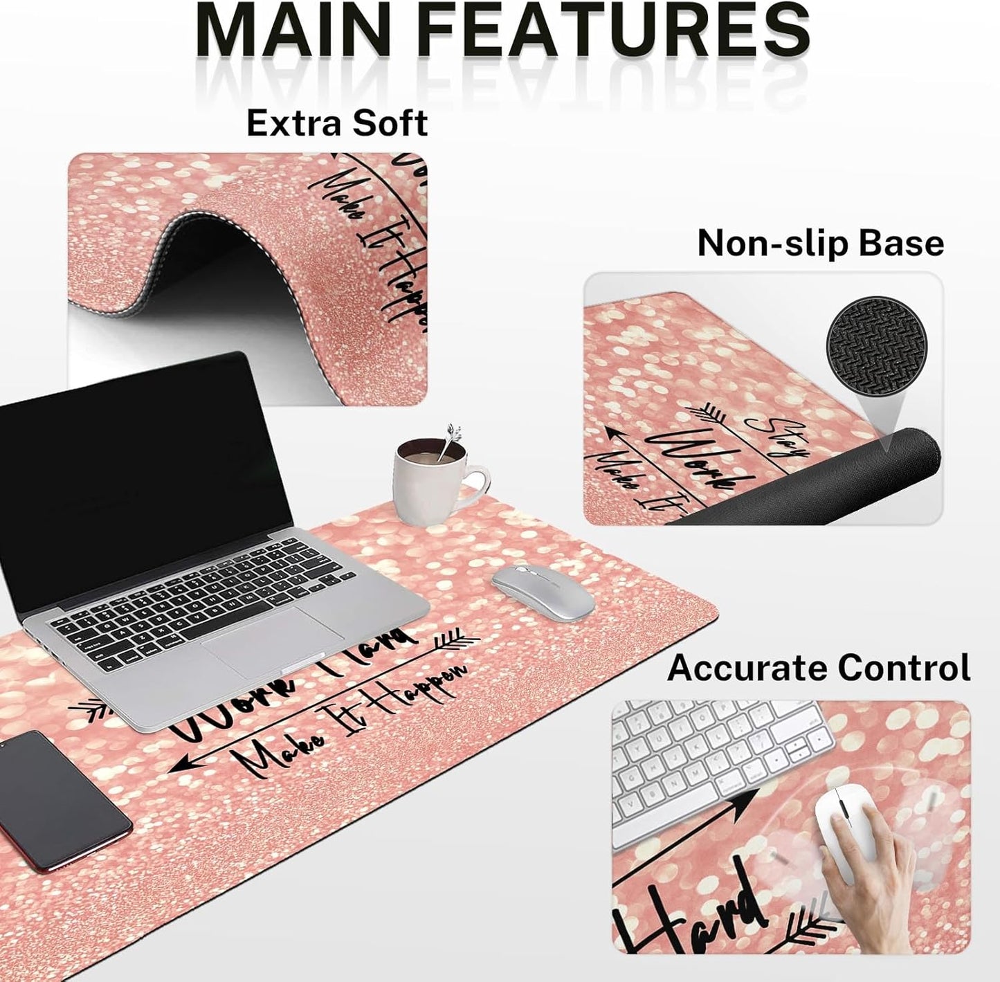 Arttown Desk Mat, Rose Gold Pink Mouse Pad Set with Wrist Support, 4-in-1 Large Mousepad+Keyboard Wrist Rest+Mouse Wrist Rest+Coaster with Ergonomic Design, Non-Slip Mat for Office, Home Decor
