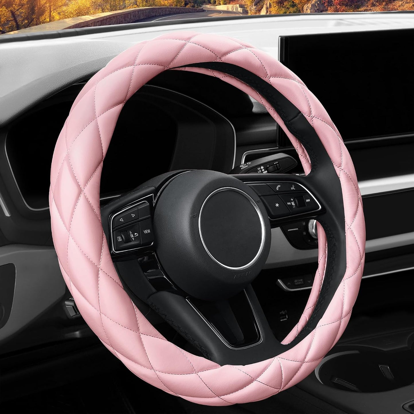YHONGJT Soft Microfiber Leather Steering Wheel Cover, Universal 15 Inch for Women Girls, Fit Vehicles, Sedans, SUVs, Vans, Trucks - Light Pink