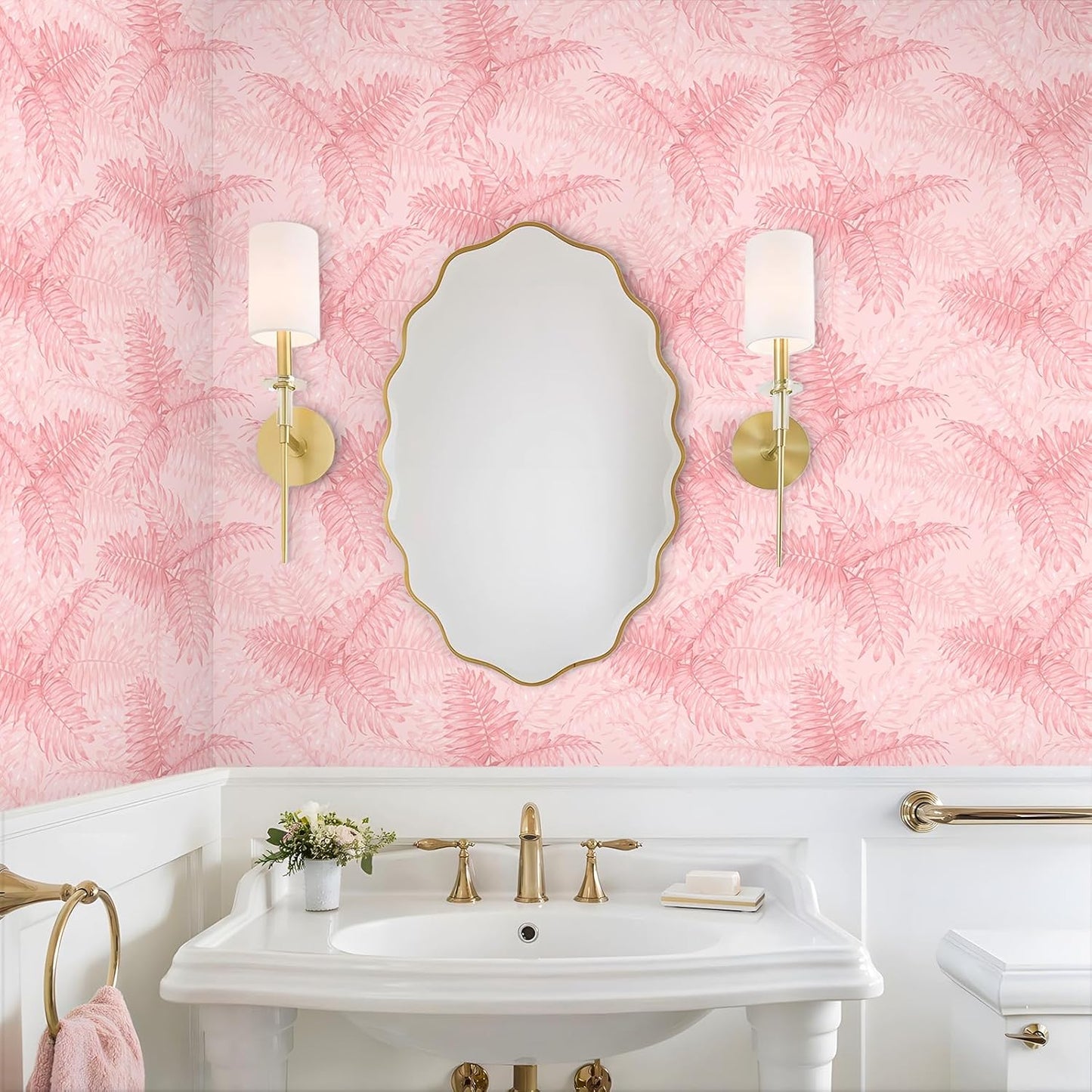VEELIKE Pink Tropical Wallpaper Peel and Stick Palm Leaves Wallpaper for Bathroom Bedroom 17.7''x118'' Prepasted Removable Botanical Wallpaper Pink Contact Paper for Cabinets Drawers Shelves Walls