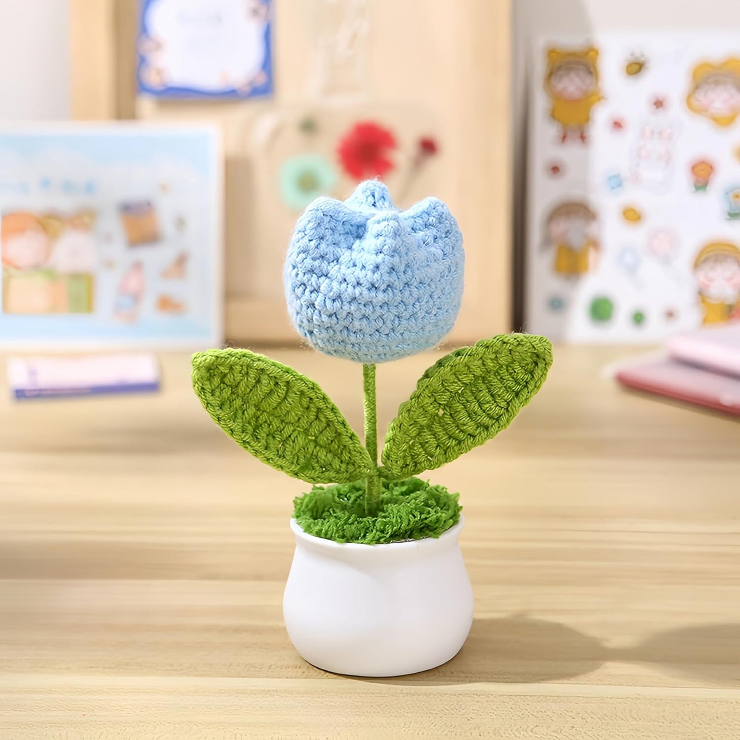 Crochet Tulip Flowers, 2pcs Small Potted Flower Tulip Artificial Flowers Handmade Knitted Tulips Potted Plants for Home Office Desk Decorations Gift (Pink)