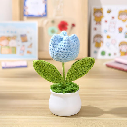 Crochet Tulip Flowers, 2pcs Small Potted Flower Tulip Artificial Flowers Handmade Knitted Tulips Potted Plants for Home Office Desk Decorations Gift (Pink)