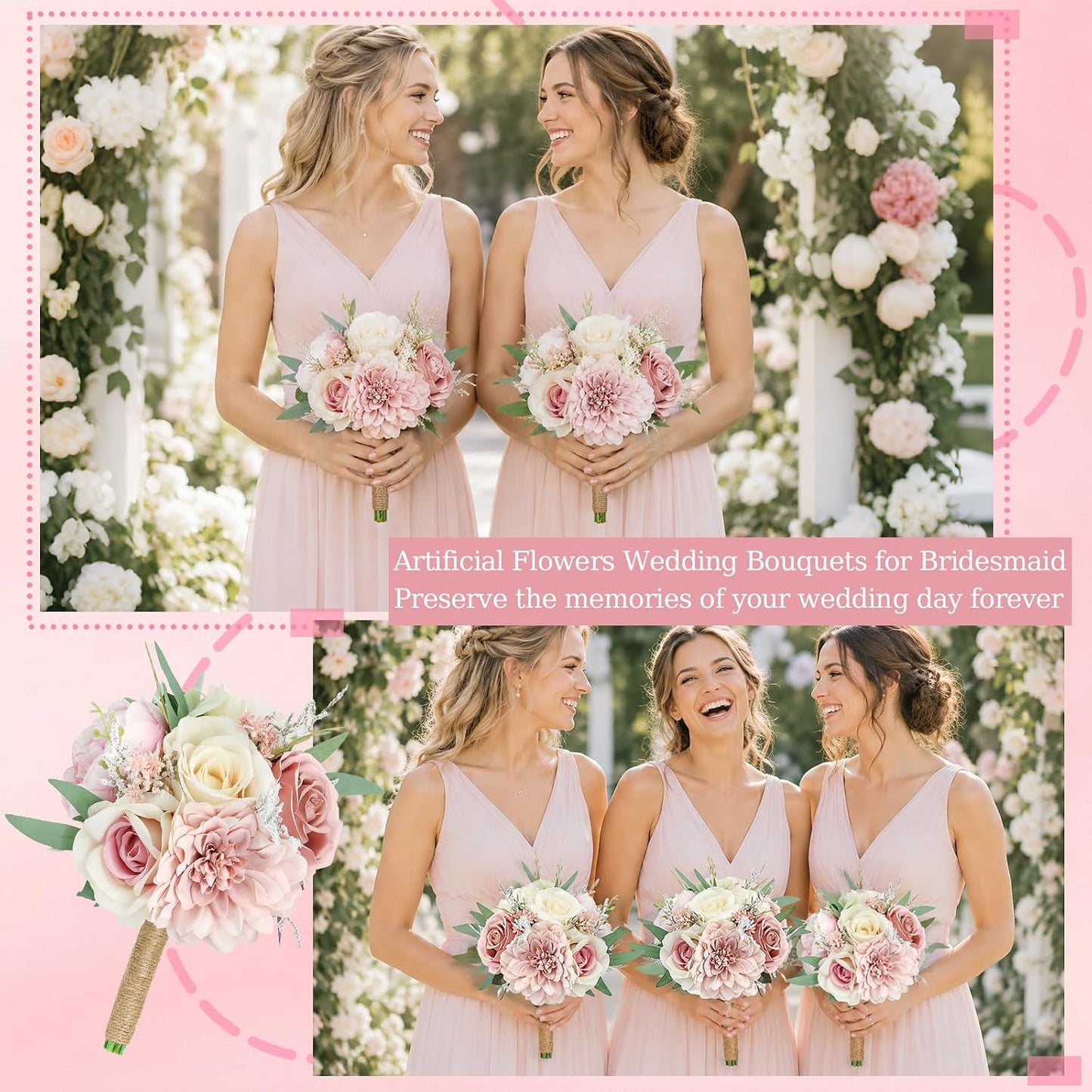 Artificial Bridesmaid Bouquets Set of 2 for Wedding - 7 inch Dusty Pink Wedding Bouquet for Bridesmaids Small Floral Bouquet Fake Boho Wedding Party Ceremony Anniversary Decor