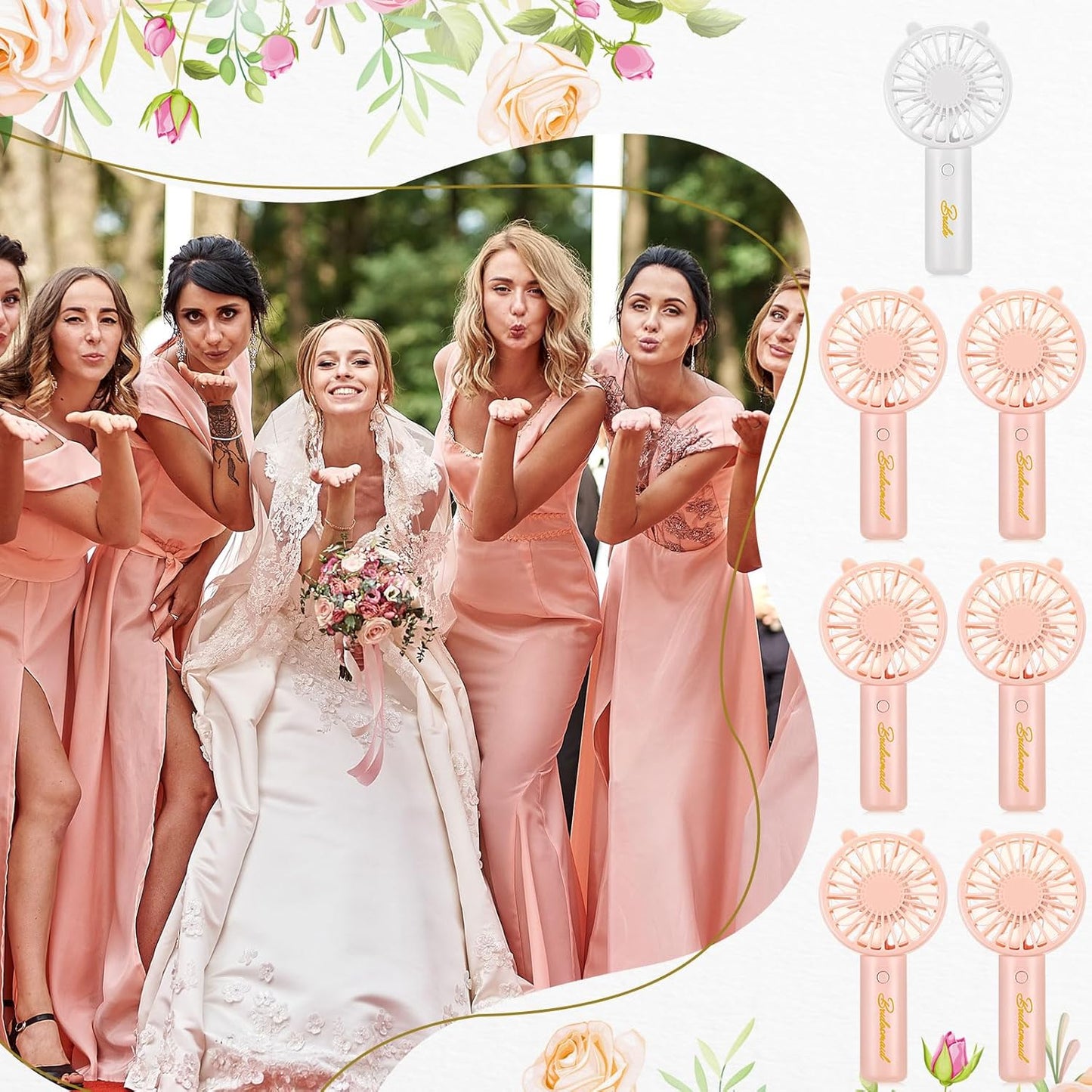 Glooglitter 8 Pcs Bachelorette Party Handheld Fan Bulk 1 White Bride USB Personal Hand Held Fan and 7 Pink Bridesmaids Small Eyelash Fan for Wedding Party Bachelorette Party