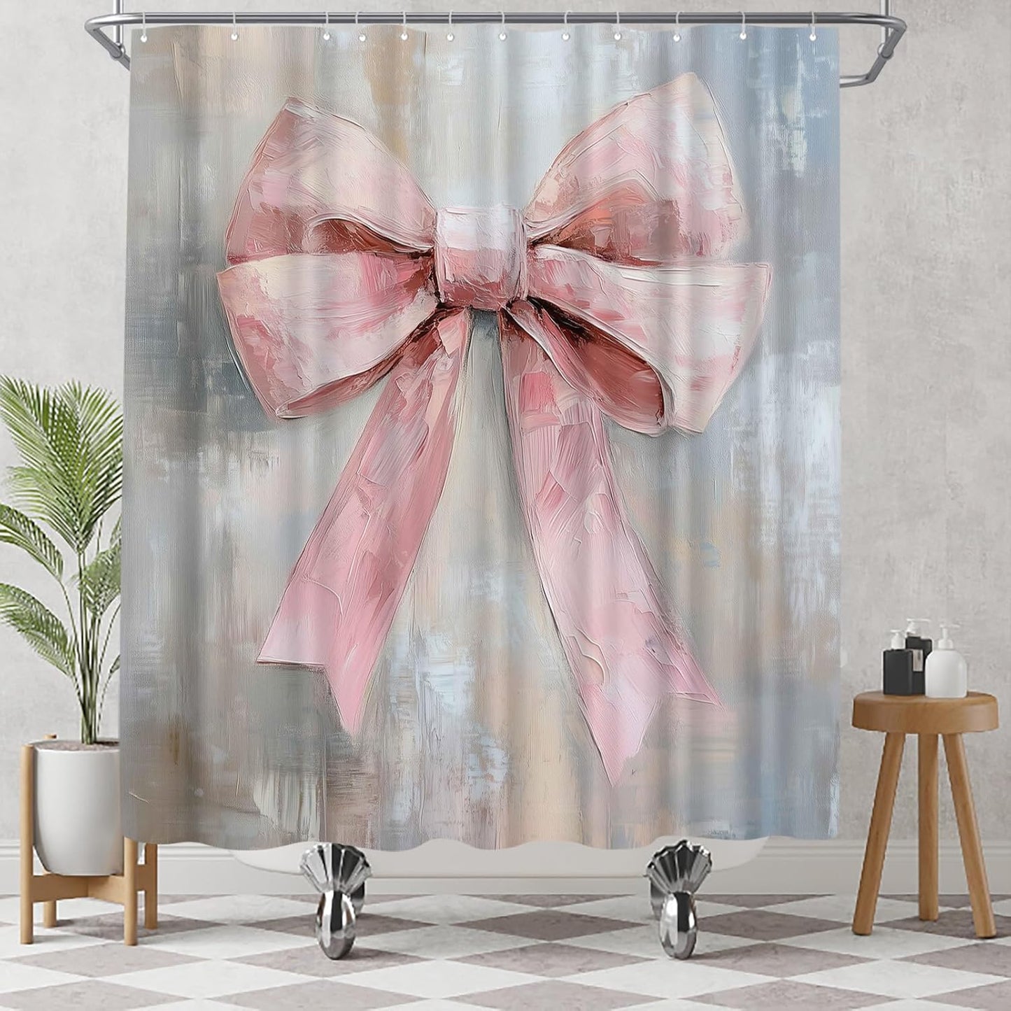 Pink Bow Shower Curtain - Cute Coquette Bowknot Shower Curtains for Bathroom - Waterproof Polyester Fabric with Hooks, 72X72inch