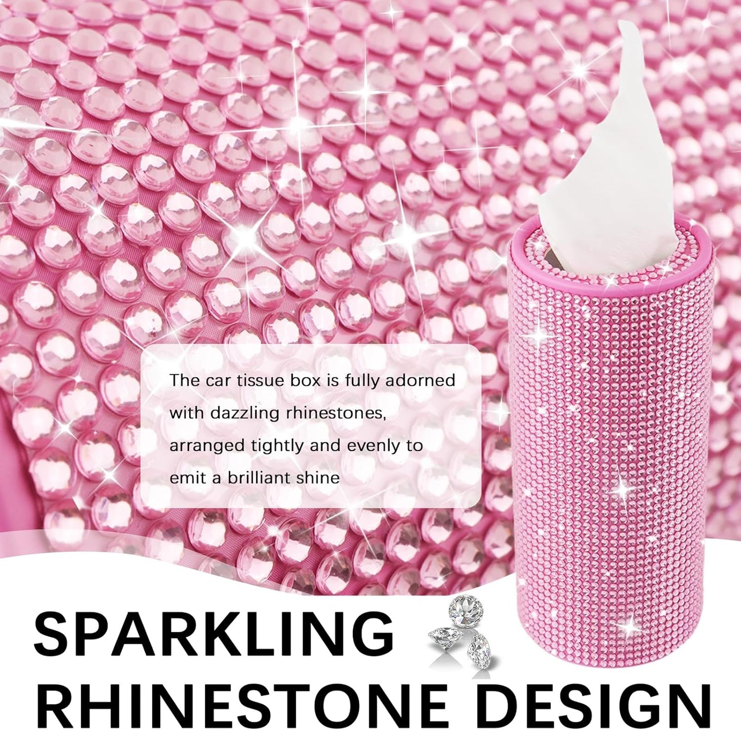Bling Car Tissue Holder for Cup Holder,Rhinestone Travel Car Tissue Box(30 Tissues/3-ply),Universal Cylinder Tissues Dispenser for Cars Interior Decor as Gift for Women (Pink)