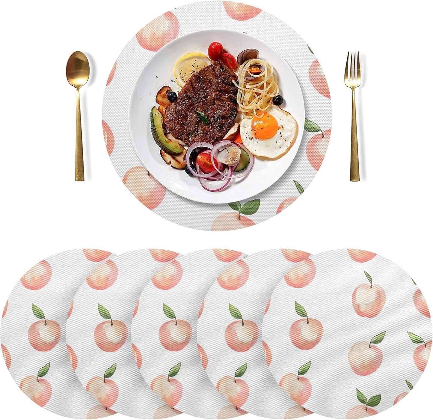 Peach Pattern Round Placemats Set of 4 for Dining Kitchen Party Decoration, Heat-Resistant Non-Slip Washable Place Mats for Coffee Bar Accessories