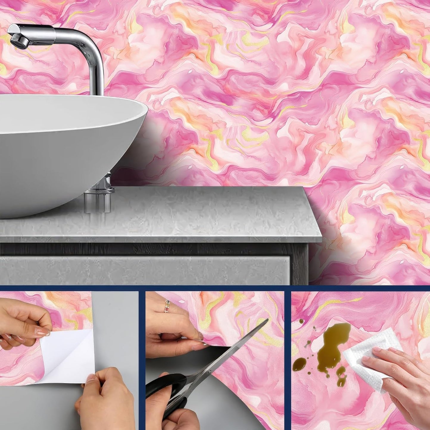 HOMETITUTE Pink Gold Marble Wallpaper Peel and Stick Contact Paper Wall Paper Stick 17.7" x 118.1" Self Adhesive Removable Vinyl Wall Covering Bedroom Kitchen Bathroom Decor