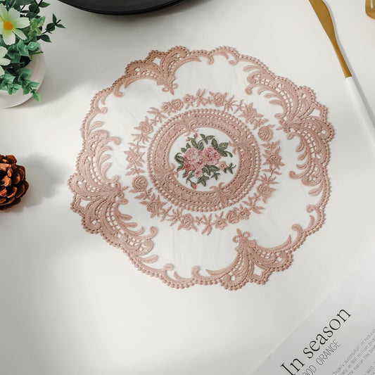 Embroidered Placemats Set of 2, Retro Handmand Place Mats Vintage Cup Vase Table Mat for Dining Table Kitchen Party -Dark Pink, 2PCS