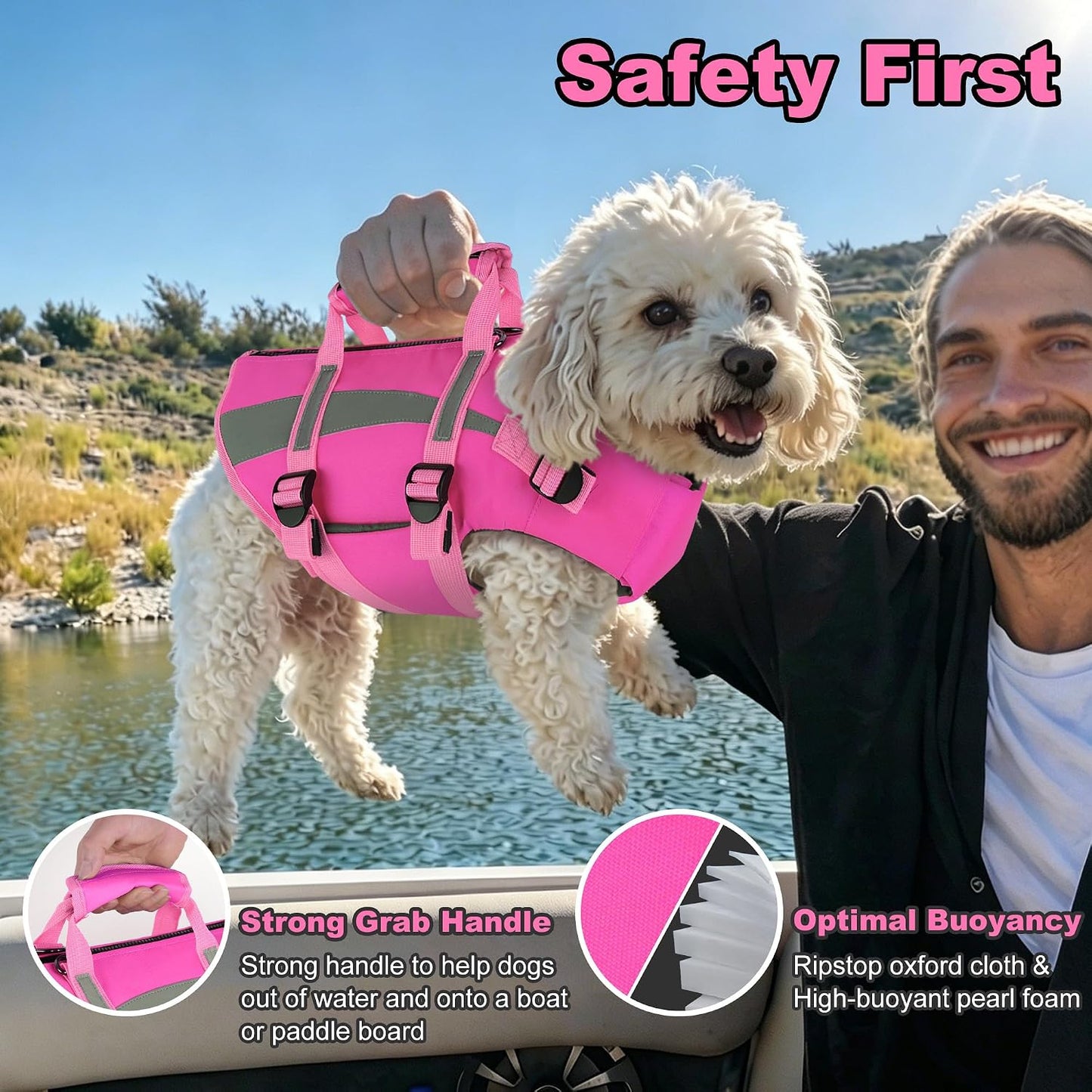 Dogcheer Harness-Style Dog Flotation Vest with Rescue Handle, Reflective Safety Dog Life Jacket, Adjustable Puppy Water Vest for Swimming, Boating, Pool & Beach - Pink, S