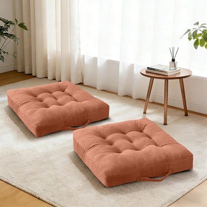 Floor Cushion Pink 18x18 Inch Floor Sitting Cushions 2-Pack, Tufted Corduroy Chair Pads with Handle, Machine Washable for Tatami Living Room Kitchen Seats