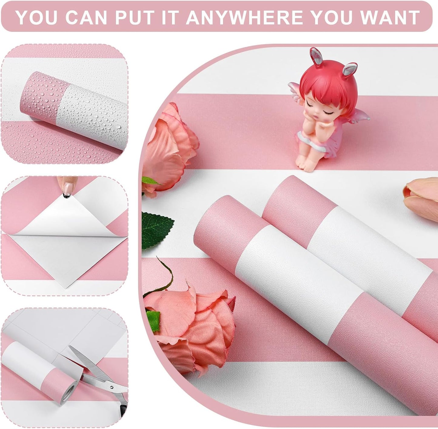 Pink and White Striped Wallpaper 17.3"x80" Pink Striped Peel and Stick Wallpaper Waterproof Contact Paper Modern Self-Adhesive Vinyl Wall Paper for Bedroom Bathroom Nursery