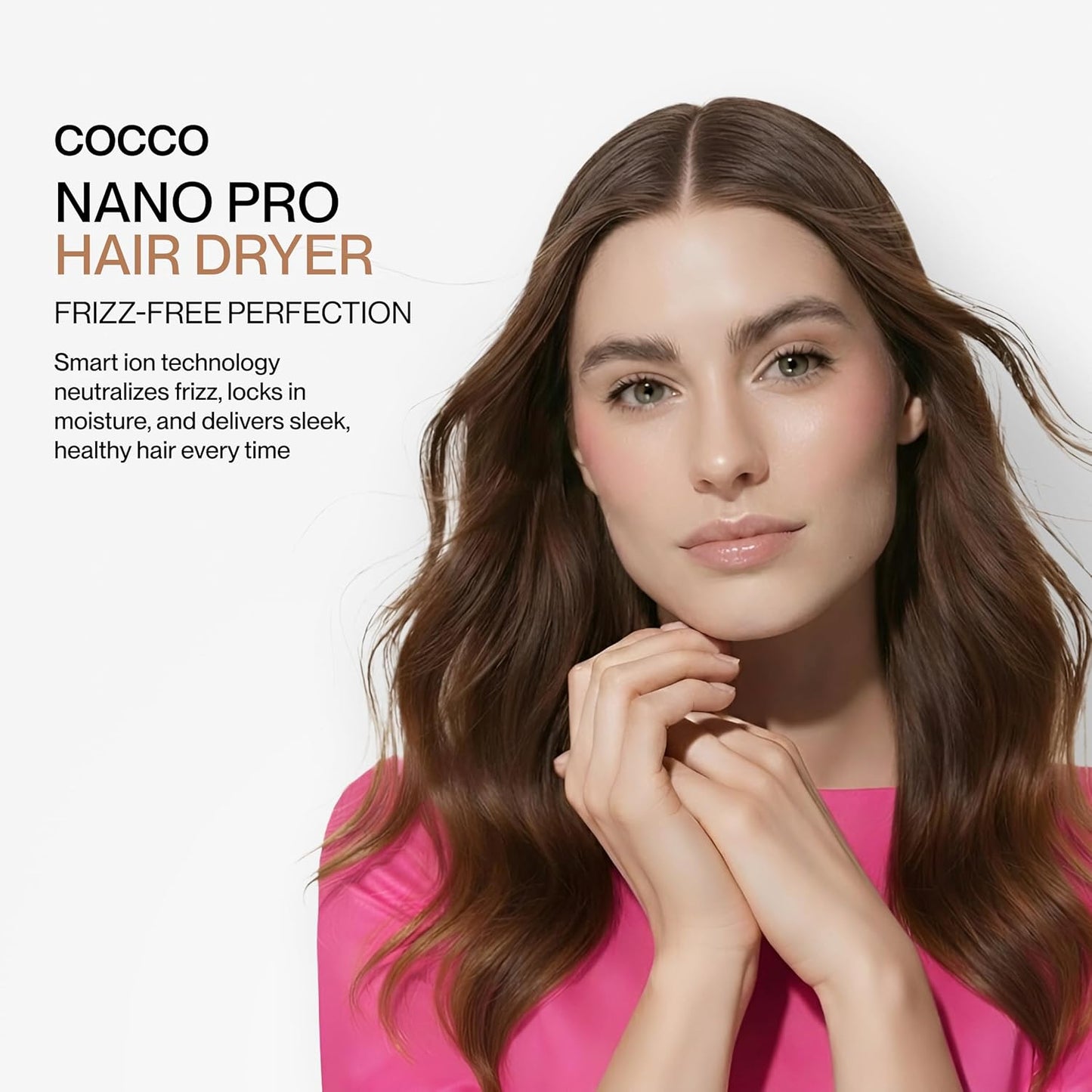Cocco Nano Pro Hair Dryer, Ultra Lightweight, Ionic Intel System, Ceramic Spheres Technology, Professional Performance, Pink
