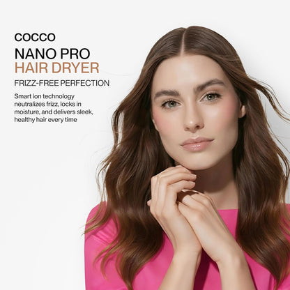 Cocco Nano Pro Hair Dryer, Ultra Lightweight, Ionic Intel System, Ceramic Spheres Technology, Professional Performance, Pink