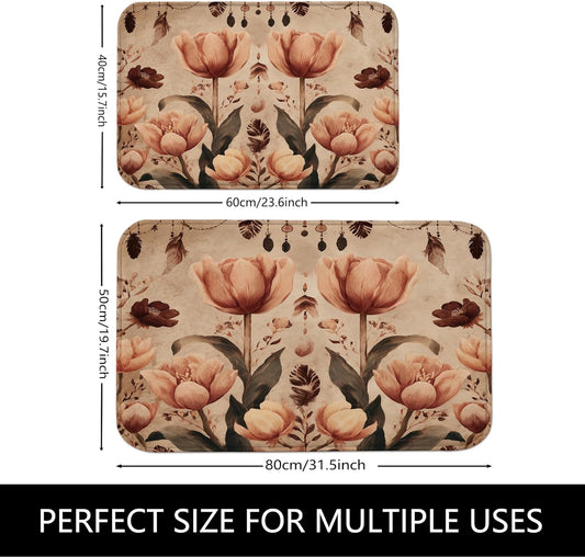 Floral Vintage Quick Dry Bath Mat, Elegant Peach Flowers Botanical Absorbent Non Slip Shower Mat, Spring Memory Foam Washable Bath Rugs for Bathroom Toilet Restroom Decorative 20x32 Inch
