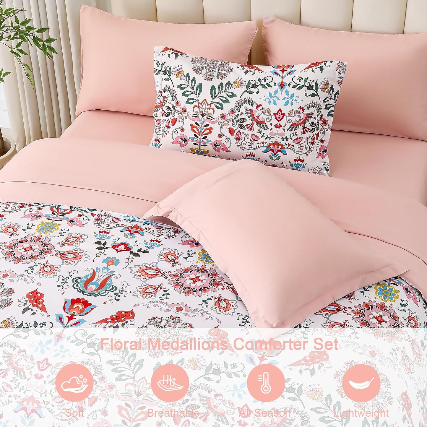 DHSFKBE Boho Comforter Set Queen - 7 Pieces Bed in a Bag Floral Design, Bohemian Comforter Set with Sheets, Soft Microfiber Complete Bedding Sets All Season (Light Pink, Queen)