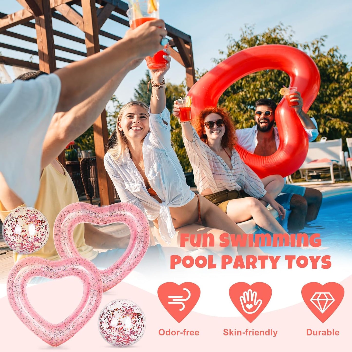 JarThenaAMCS 4Pcs Inflatable Heart Pool Float with Beach Ball Glitter Inside Rose Gold Swim Heart Shaped Pool Rings Float Loungers Tube for Summer Swimming Beach, 47.3 x 39.4 Inch