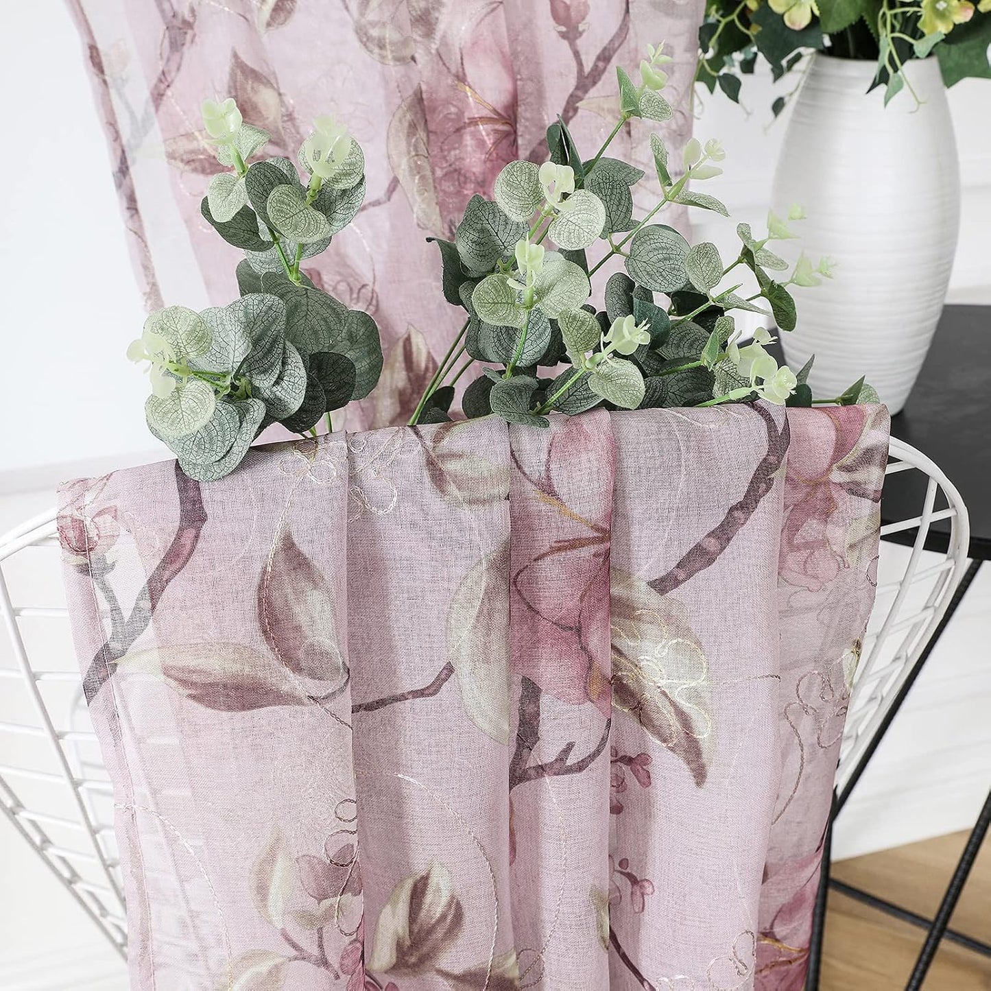Tollpiz Sheer Valance Pink Flower Leaf Printed Floral Embroidered Bedroom Valance Curtains Sheer Rod Pocket Voile Window Curtain Valances for Living Room, 54 x 16 inches Long, Set of 1 Panel