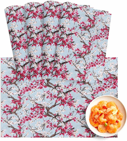 Spring Flowers Placemats Set of 4, Washable PVC Kitchen Table Mats Place Mats, Chinese Pink Peach Blossoms Branches Woven Vinyl Placemat for Dining Table, 13" x 19"