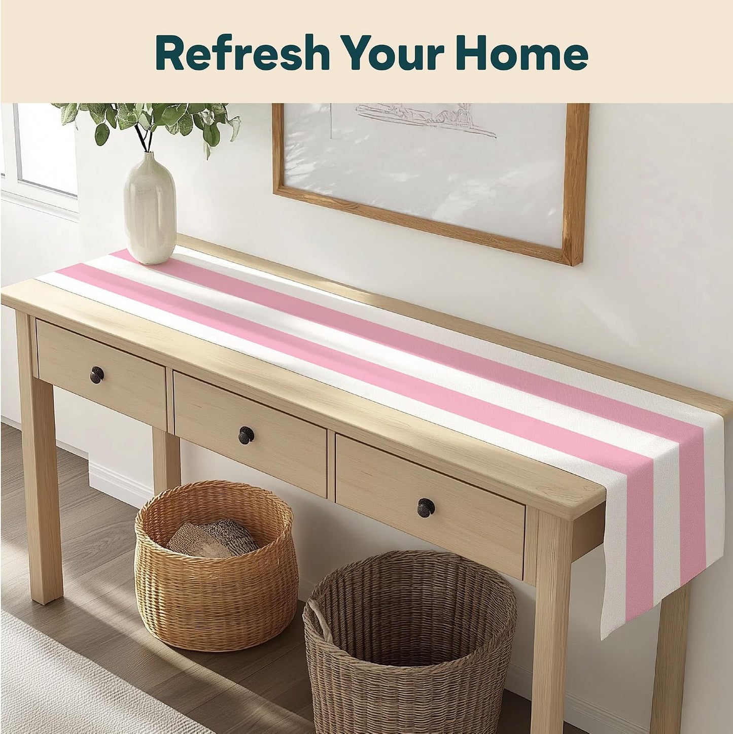Fabric Textile Products | Pale Pink and White Striped Tablerunner | Cabana Table Decor | 12" x 72" | Machine Washable and Stain-Resistant for Easy Care | Made in The USA
