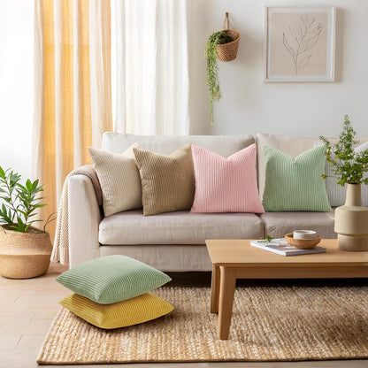 Mecatny Corduroy Summer Decorative Throw Pillow Covers 18x18 Set of 2 for Sofa Living Room, Soft Neutral Boho Couch Pillow Covers for Home Decor, Pink