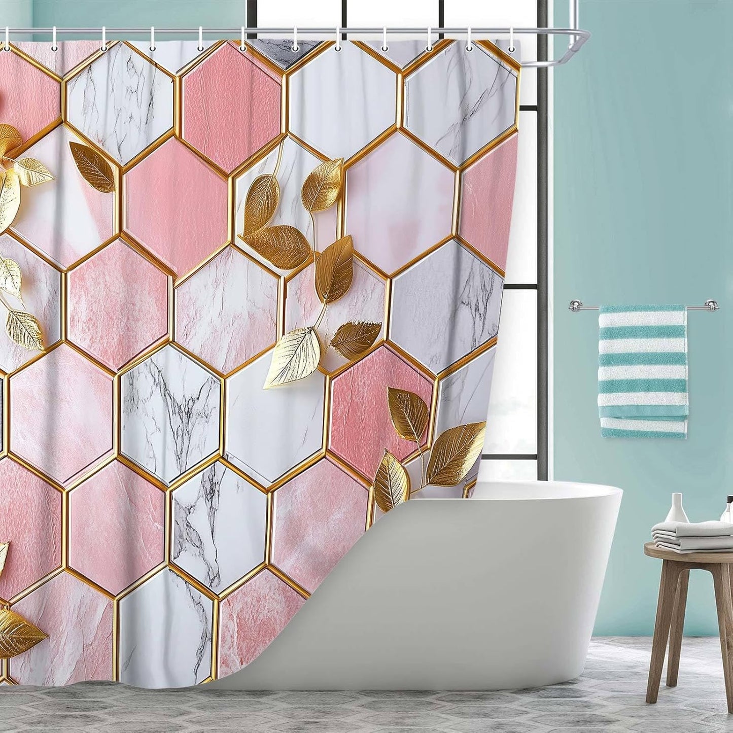 JAWO Pink Shower Curtain, Modern Abstract Geometric Shower Curtains for Bathroom Decor, Gold Leaves Waterproof Polyester Fabric Shower Curtain with 12 Hooks, 36x72