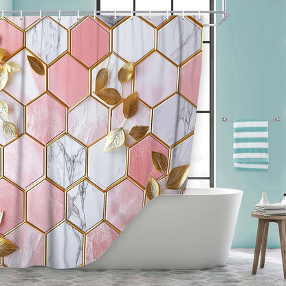 JAWO Pink Shower Curtain, Modern Abstract Geometric Shower Curtains for Bathroom Decor, Gold Leaves Waterproof Polyester Fabric Shower Curtain with 12 Hooks, 36x72