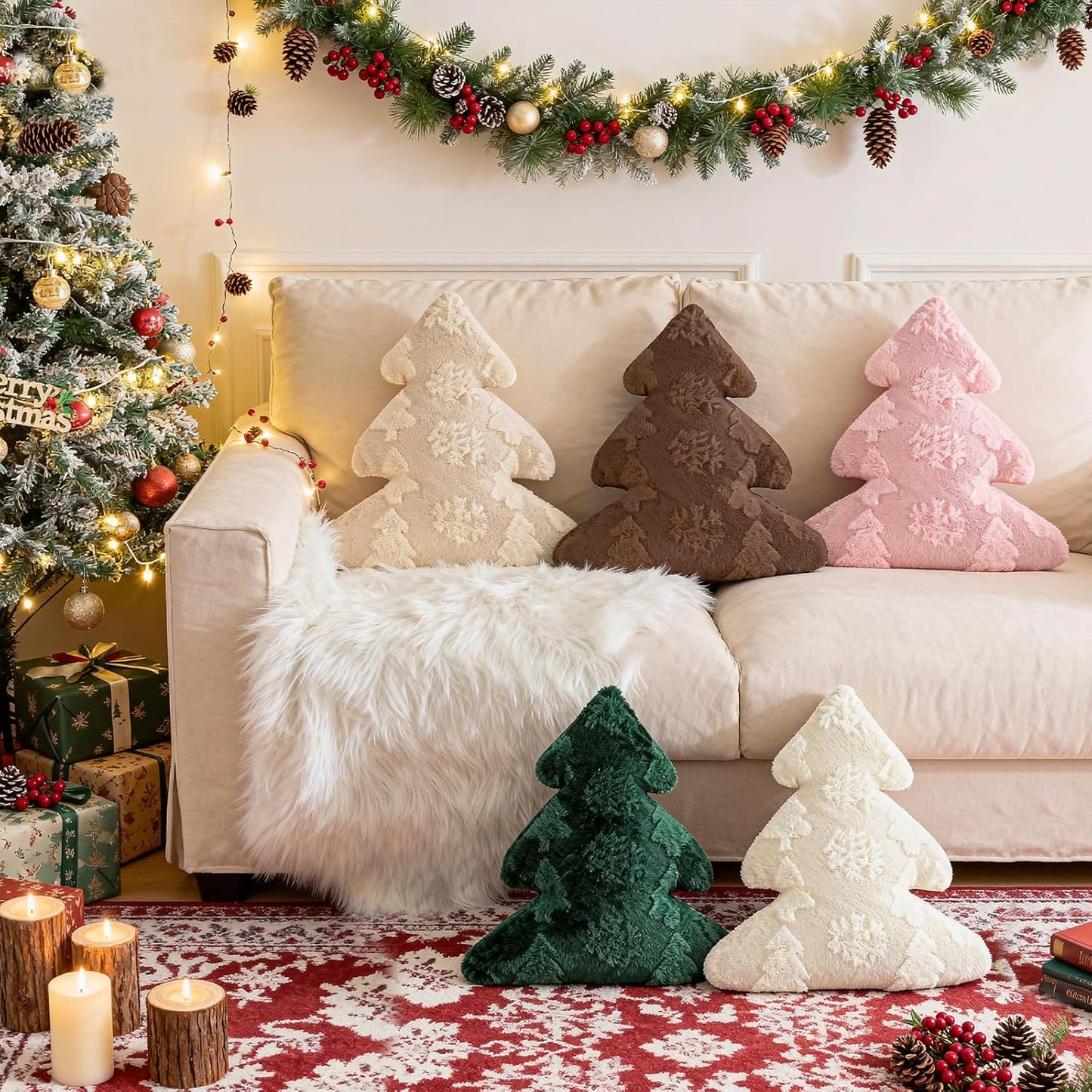 Lanpn Christmas Tree Pillows Set of 2, Snowflake & Tree Christmas Decoration Winter Soft Cute 3D Shaped Xmas Tree Throw Cushion for Sofa Bedroom Xmas Decor (18x16 inch, Pink)