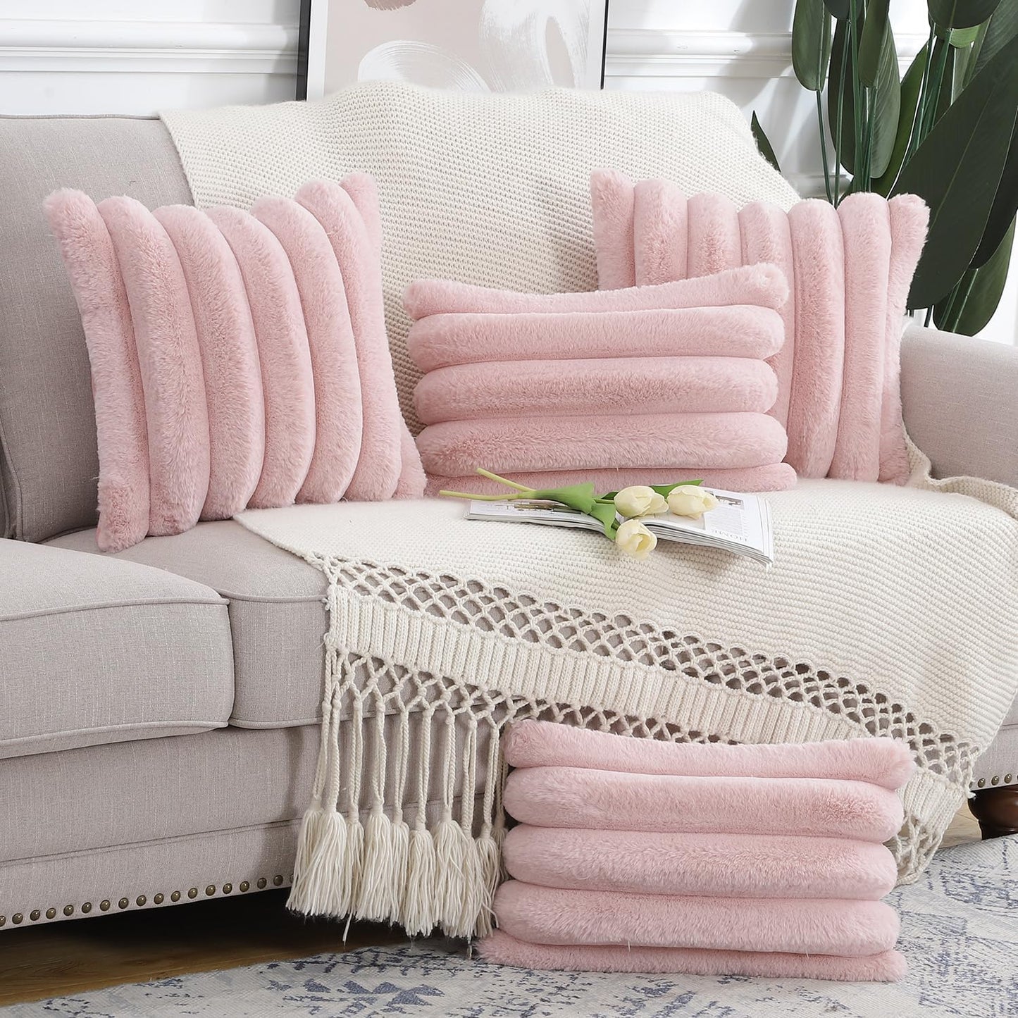 MADIZZ Plush Faux Wool Throw Pillow Covers 18x18 Inch Pink Set of 2 Fluffy Striped Soft Decorative Cushion Cover for Sofa Bedroom Pillow Shell