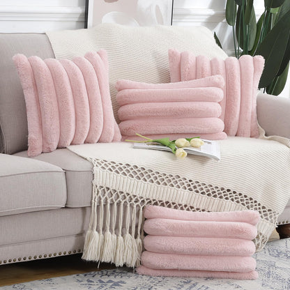 MADIZZ Plush Faux Wool Throw Pillow Covers 18x18 Inch Pink Set of 2 Fluffy Striped Soft Decorative Cushion Cover for Sofa Bedroom Pillow Shell