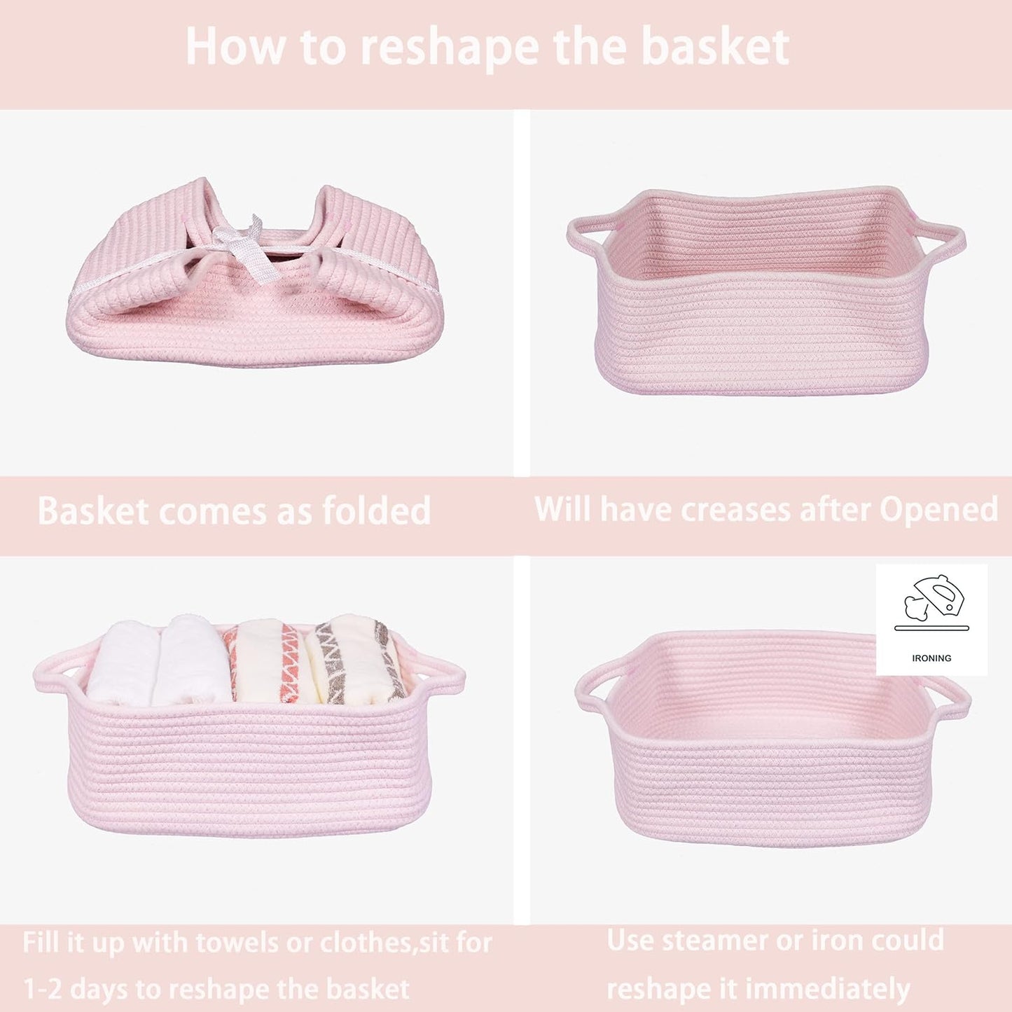 Woven Cotton Rope Storage Basket with Handles for Organizing Shelves Closet Small Cat Dog Pet Toy Baskets Box Bin Decorative Rectangle Baby Nursery basket Gift Basket Empty Light pink