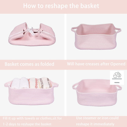 Woven Cotton Rope Storage Basket with Handles for Organizing Shelves Closet Small Cat Dog Pet Toy Baskets Box Bin Decorative Rectangle Baby Nursery basket Gift Basket Empty Light pink