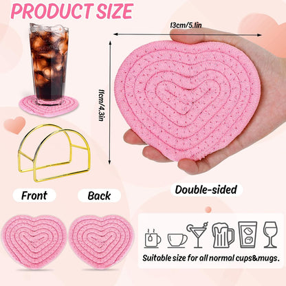 Whaline Valentine's Day Heart Coasters Pink Love Heart Shape Handmade Braided Cotton Drink Coasters Absorbent Cup Mats with Holder for Mother's Day Wedding Birthday Party Housewarming Gift, 4Pcs